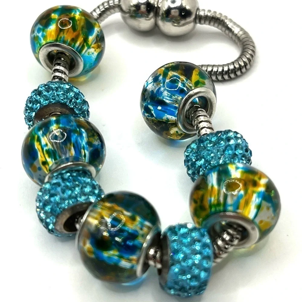 Blue Glass Charm Bracelet Magnetic Closure silver tone sky blue. Easy to wear